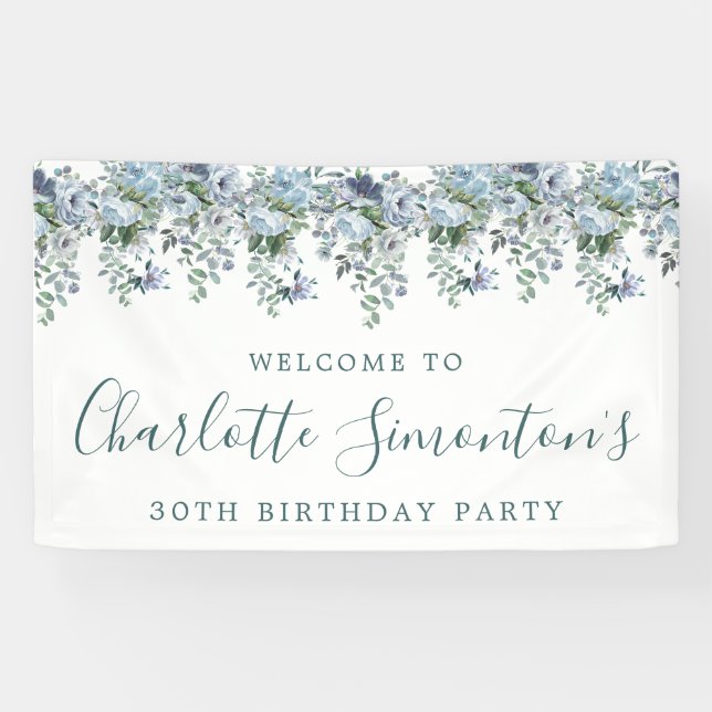 Banderoles 30e anniversaire Dusty Blue Floral Bienvenue (Horizontal)