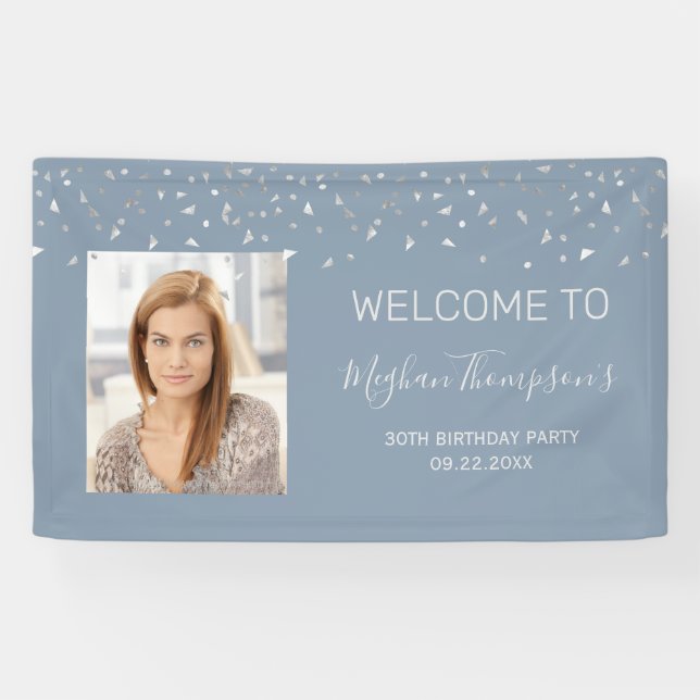 Banderoles 30e anniversaire Dusty Blue Silver Confetti Bienve (Horizontal)