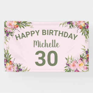 Banderoles 30e Anniversaire Fleurs Aquarelle Rose Violet