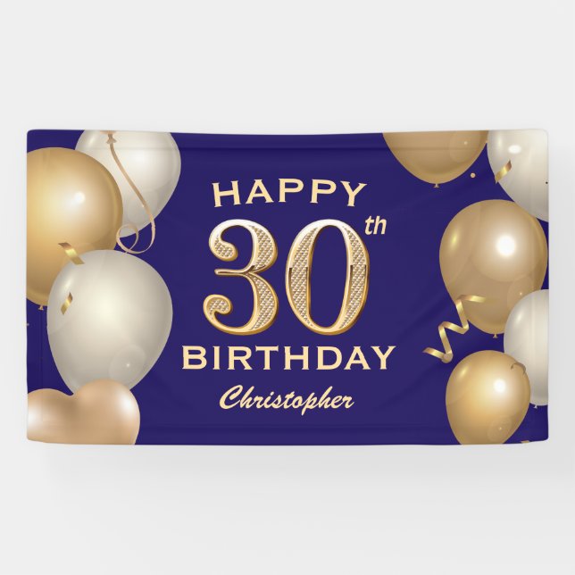 Banderoles 30e Anniversaire Marine Bleu et Ballons d'or (Horizontal)