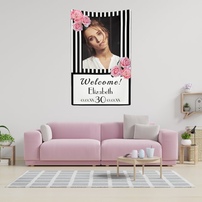 Banderoles 30e anniversaire noir blanc rayures fleurs photo (Créateur téléchargé)