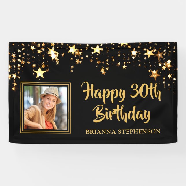Banderoles 30e anniversaire Photo Black Gold Stars Personnali (Horizontal)