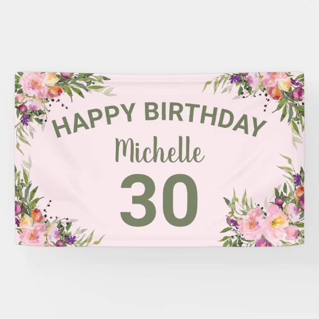 Banderoles 30e anniversaire Pink Purple Aquarelle Florale (Horizontal)