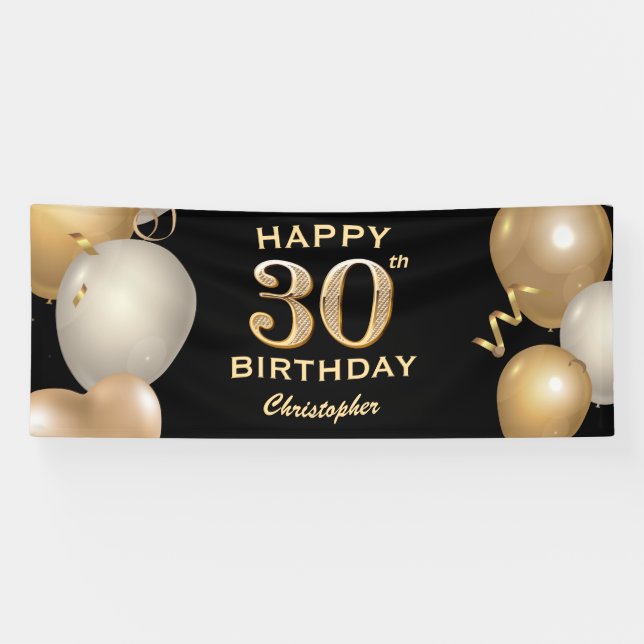 Banderoles 30e fête d'anniversaire Ballons noirs et or (Horizontal)
