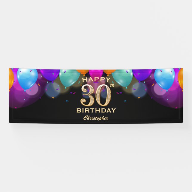 Banderoles 30e fête d'anniversaire Ballons noirs et or (Horizontal)