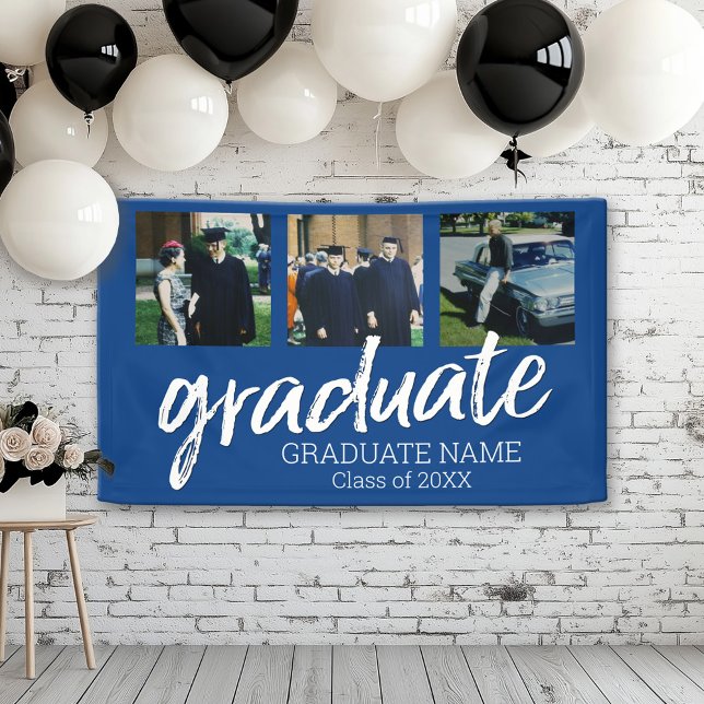 Banderoles 3 Diplôme de photo - Moderne Script Bleu (Custom Graduation Banner for a Grad Party or Open House)