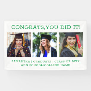 Banderoles 3 Photo Collage Green Félicats Graduate 2023 Blanc