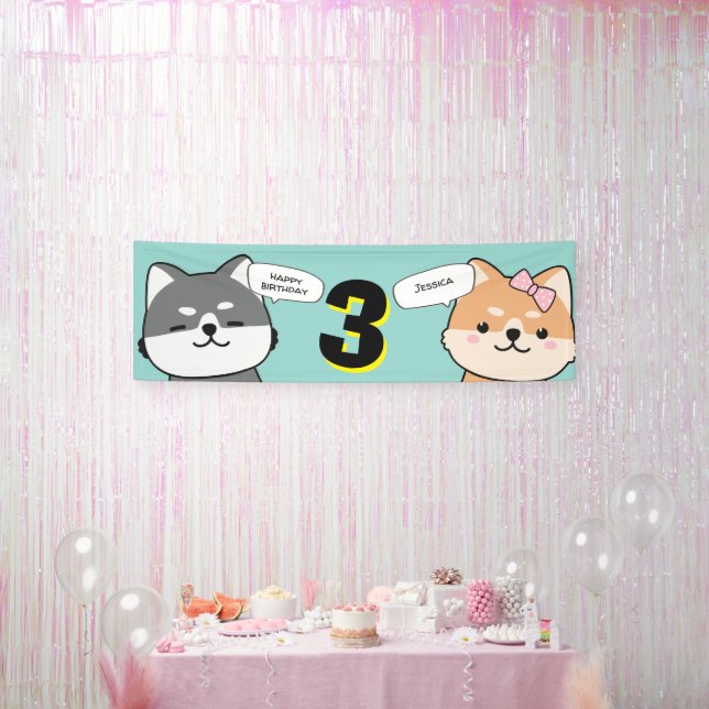 Banderoles 3e anniversaire fête Personnalisable Chiots Shiba  (Fête)
