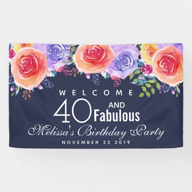 Banderoles 40 et texte fabuleux - Aquarelle Floral Anniversai (Horizontal)
