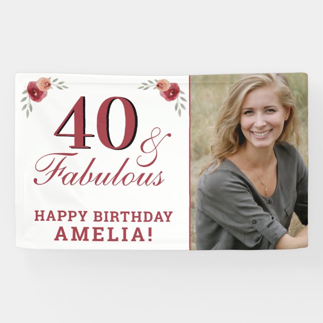 Banderoles 40 & Fabuleux aquarelle Floral 40e anniversaire (Horizontal)