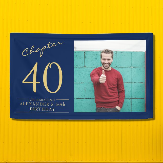 Banderoles 40e anniversaire Blue Gold Photo (Create a unique 40th birthday banner for that special person. Easily personalized template.)