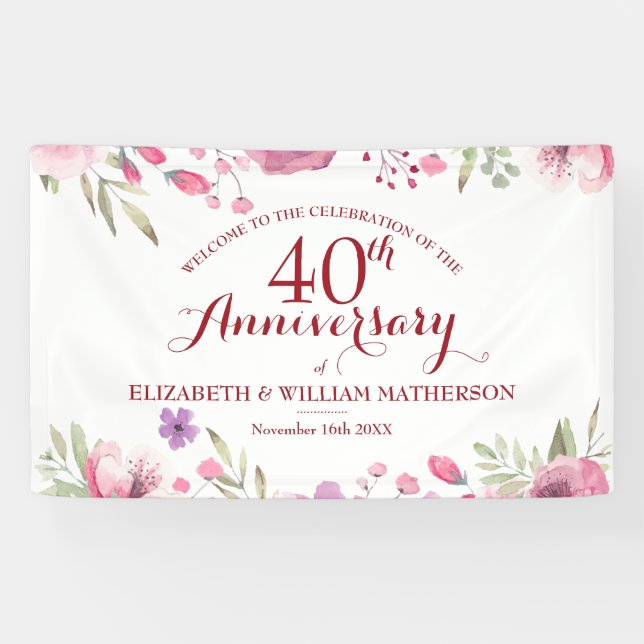 Banderoles 40e anniversaire de Ruby Couleur d'eau florale Bie (Horizontal)