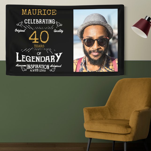 Banderoles 40e anniversaire Modèle photo légendaire (Custom 40th birthday wall banners on a two tone green wall.)