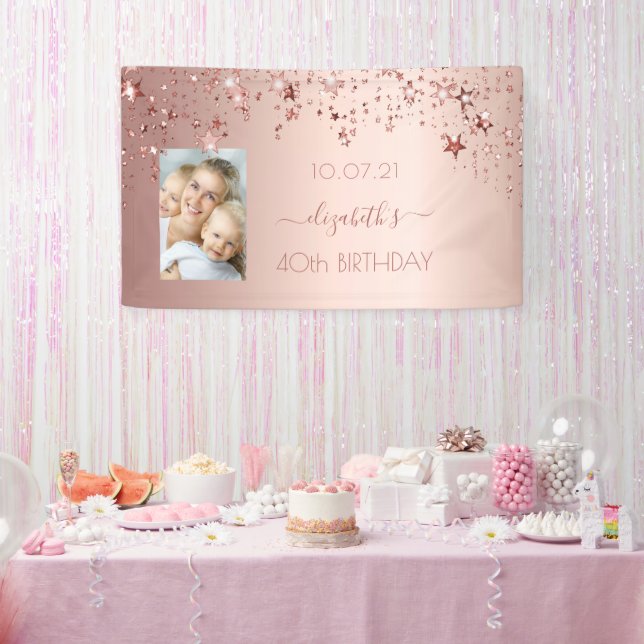 Banderoles 40e anniversaire rose or blush étoiles photo (Fête)