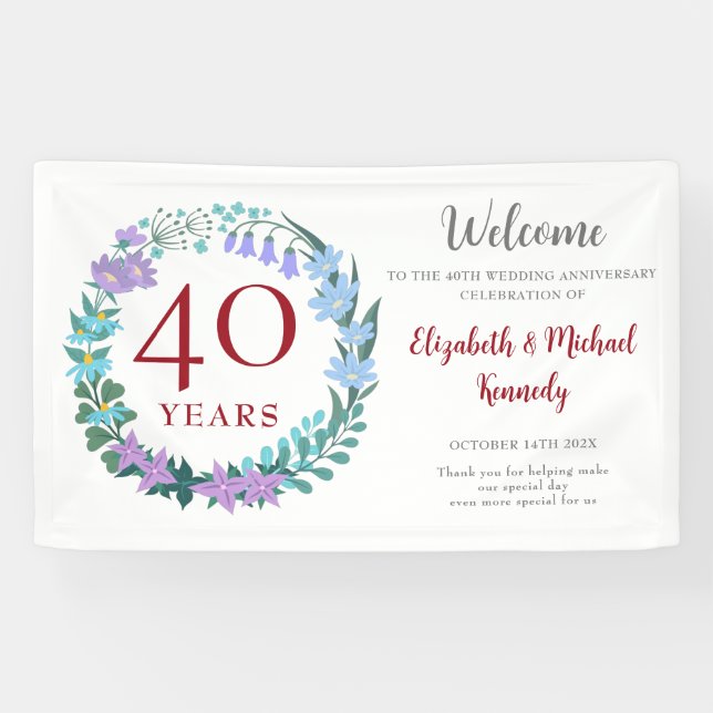 Banderoles 40e anniversaire Ruby Floral Mariage de couronne (Horizontal)