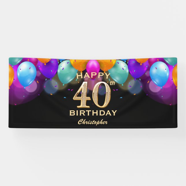 Banderoles 40e fête d'anniversaire Ballons noirs et or (Horizontal)