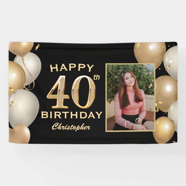 Banderoles 40e fête d'anniversaire Ballons noirs et or (Horizontal)