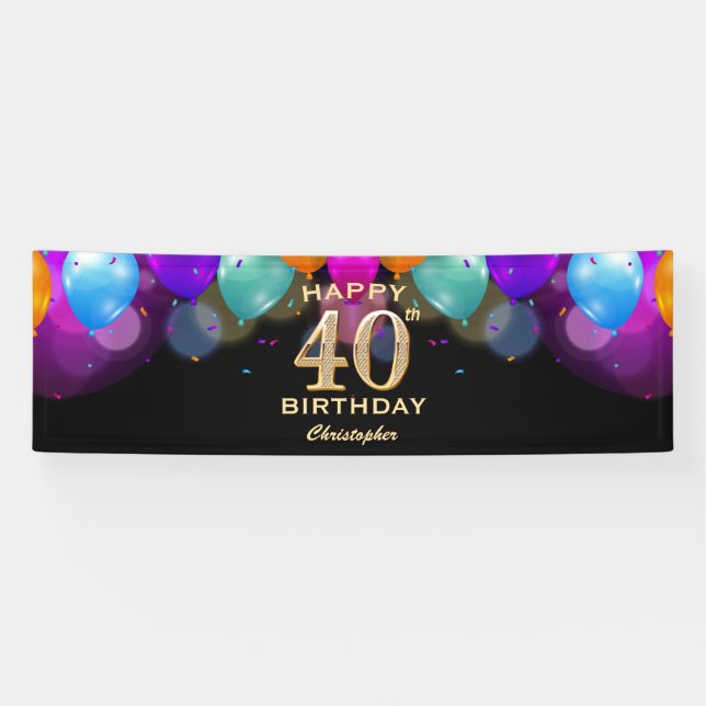 Banderoles 40e fête d'anniversaire Ballons noirs et or (Horizontal)