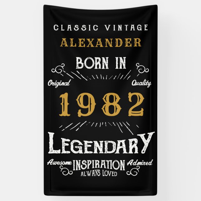 Banderoles 40th Birthday 1982 Ajouter le nom Black Gold Legen (Vertical)