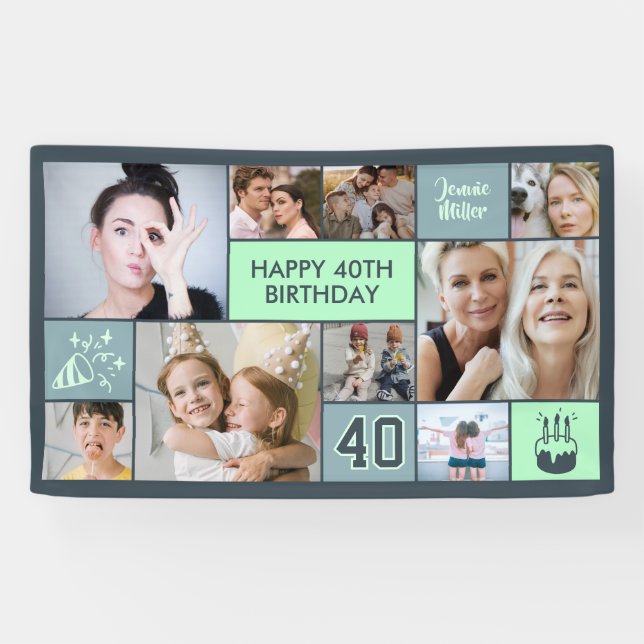 Banderoles 40th Birthday Custom Photo Collage Dusty Green (Horizontal)