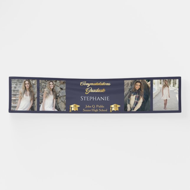 Banderoles 4 Photo Blue Gold Congrats Graduate Name School (Horizontal)