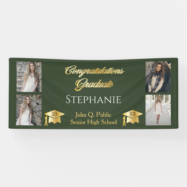 Banderoles 4 Photo Green Gold Congrats Graduate Name School (Horizontal)