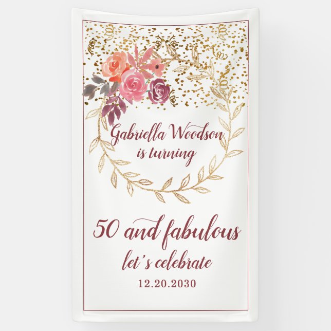 Banderoles 50 Et Fabuleuse Parties scintillant Floral Rose Ma (Vertical)