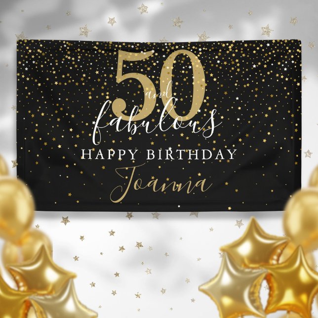Banderoles 50 et fabuleux Anniversaire Elégant Or étoiles Noi (50 and Fabulous Birthday Elegant Gold Stars Black Banner)