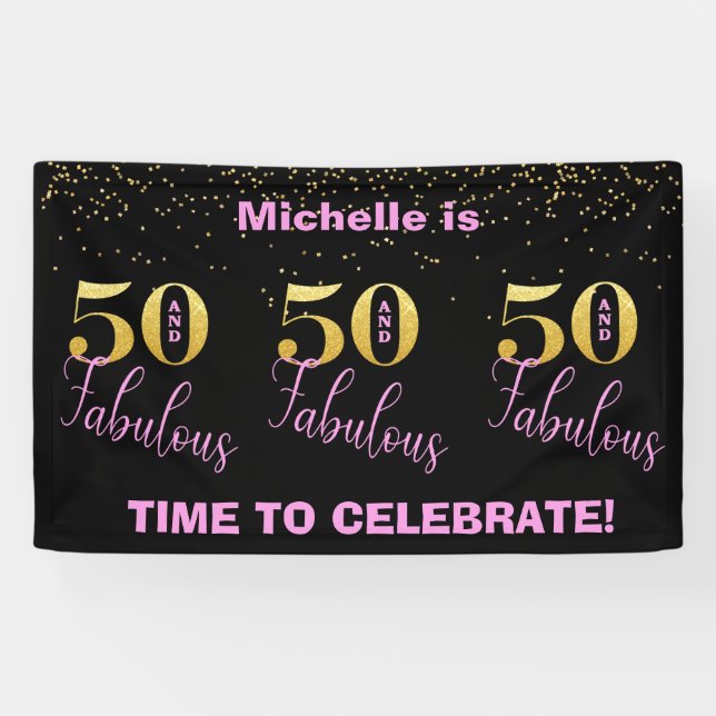 Banderoles 50 Et Fabulous-rose Parties scintillant d'or noir  (Horizontal)