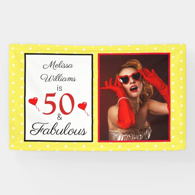 Banderoles 50 Fabuleux Nom Photo Rouge 50e Anniversaire Jaune (Horizontal)