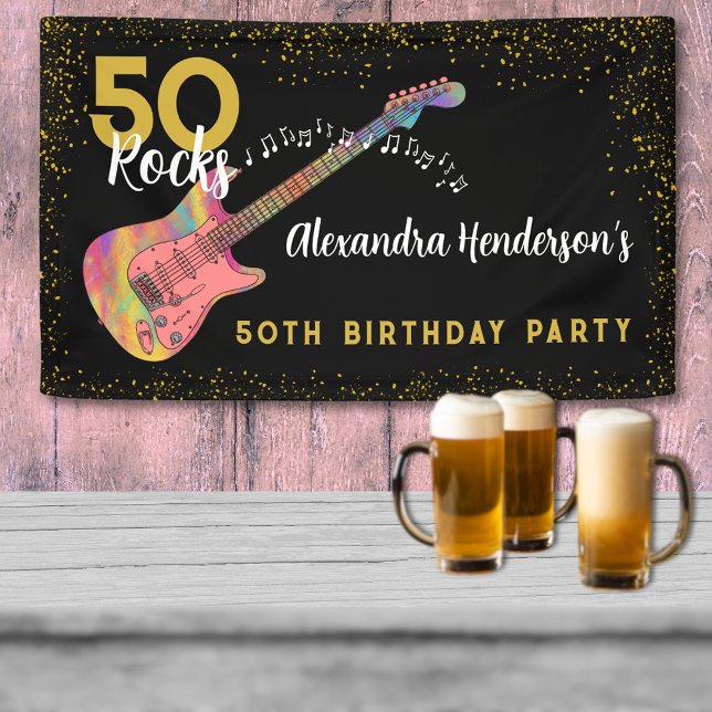 Banderoles 50 Rocks 50e fête d'anniversaire Pink Black Gold (50 Rocks cool pink black and gold glitter rock and roll custom 50th birthday banner)