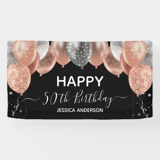 Banderoles 50e anniversaire Ballons d'argent rose (Horizontal)