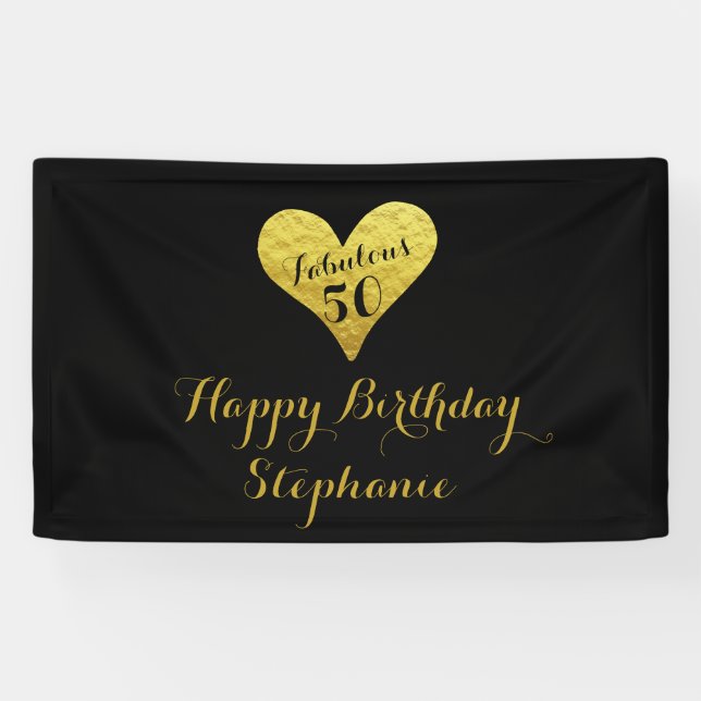 Banderoles 50e anniversaire Fabuleux 50 Noir | Coeur Or Faux (Horizontal)