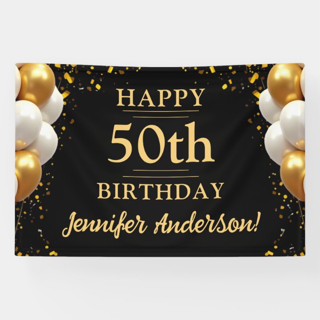 Banderoles 50e anniversaire Fête Noire et Or (Horizontal)