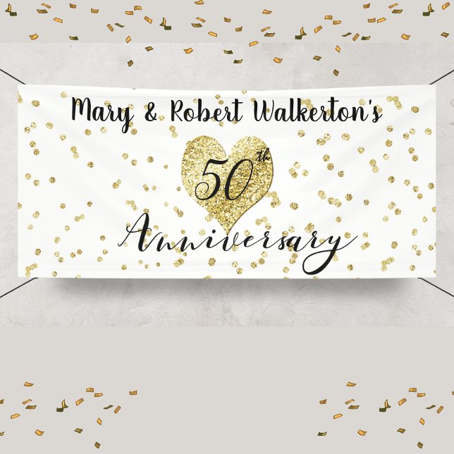 Banderoles 50e anniversaire Gold Confetti mariage réception (50th Anniversary Gold Confetti Wedding Reception Banner)