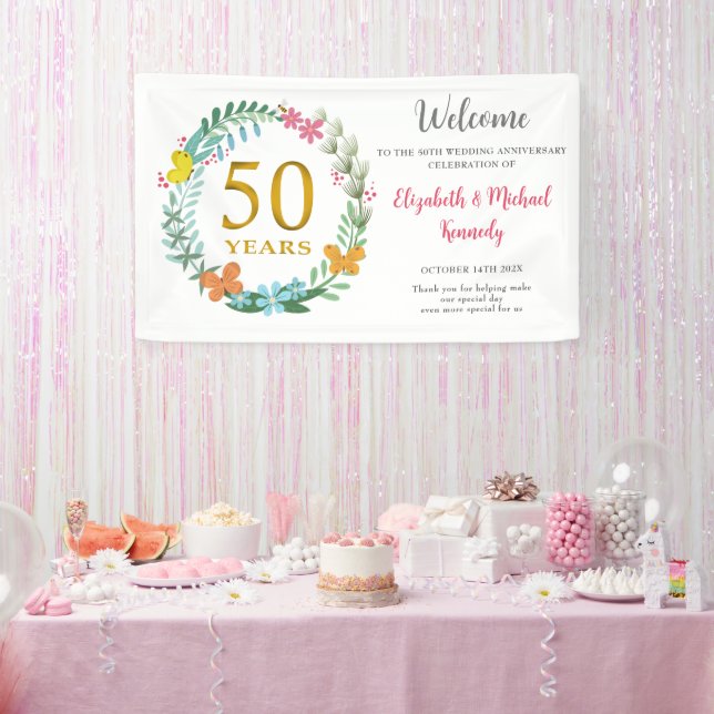 Banderoles 50e anniversaire Golden Floral Wreath Mariage (Fête)