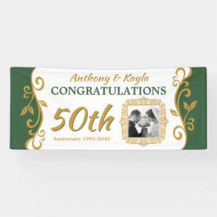 Banderoles 50e anniversaire Mariage Vert foncé Or fleurit