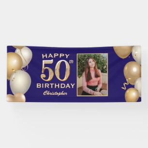 Banderoles 50e Anniversaire Marine Bleu et Ballons d'or