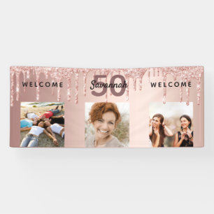 Banderoles 50e anniversaire photo rose gouttes d'or