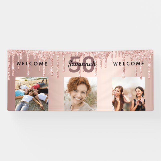 Banderoles 50e anniversaire photo rose gouttes d'or (Horizontal)