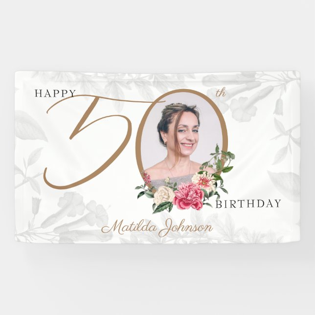 Banderoles 50e anniversaire White Gold Floral photo Bienvenue (Horizontal)