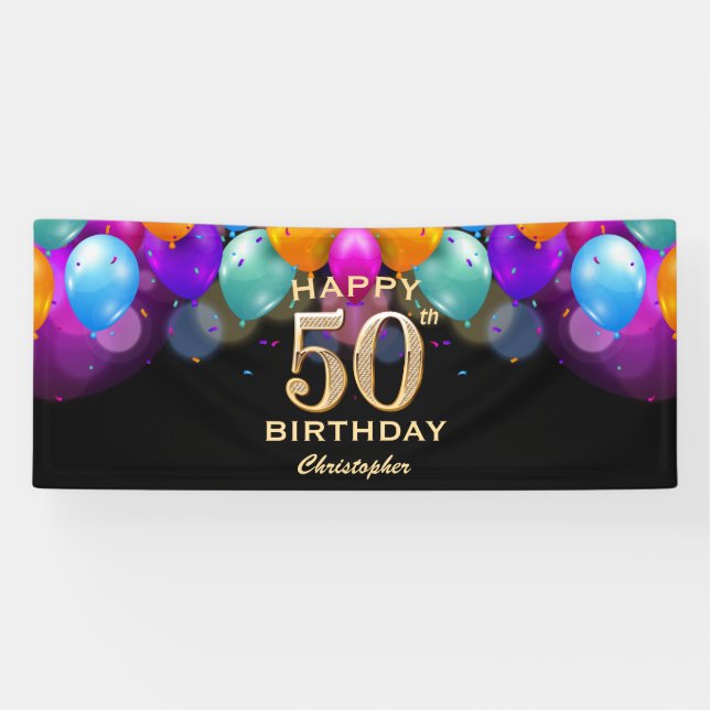 Banderoles 50e fête d'anniversaire Ballons noirs et or (Horizontal)