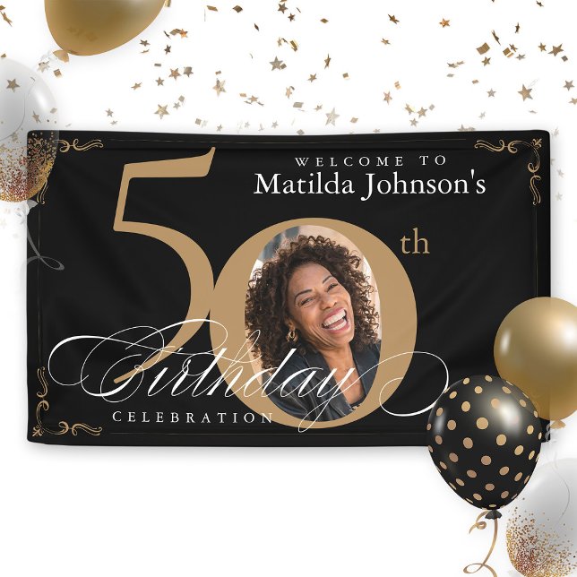 Banderoles 50ème Black Gold Elegant Calligraphie Photo Annive (50th Black Gold Elegant Calligraphy Photo Birthday Banner)