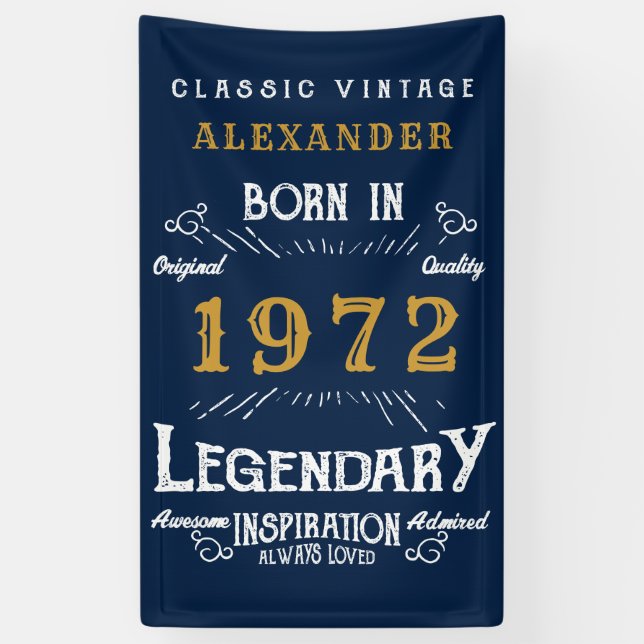 Banderoles 50th Birthday 1972 Ajouter Nom Blue Gold Legendary (Vertical)
