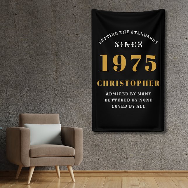 Banderoles 50th Birthday Born 1975 Ajouter Nom Black Gold (50th birthday born in 1975 black and gold banner. Personalize with name and year.)