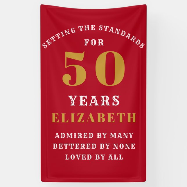Banderoles 50th Birthday Standards Red Gold Ajouter votre nom (Vertical)