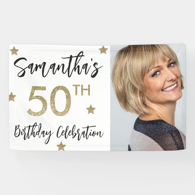 Banderoles 50th Birthday Stars Photo Gold Party Banner (Horizontal)