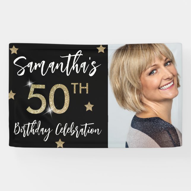 Banderoles 50th Birthday Stars Photo Gold Party Banner (Horizontal)
