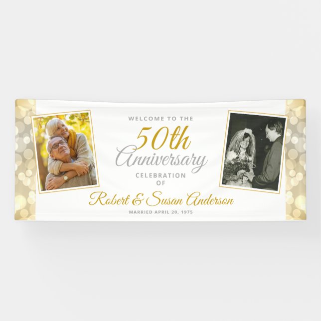 Banderoles 50th Wedding Anniversary Gold Bokeh Photo Welcome (Horizontal)