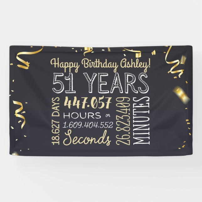 Banderoles 51 ans - Elégant Black & Gold - 51e anniversaire (Horizontal)